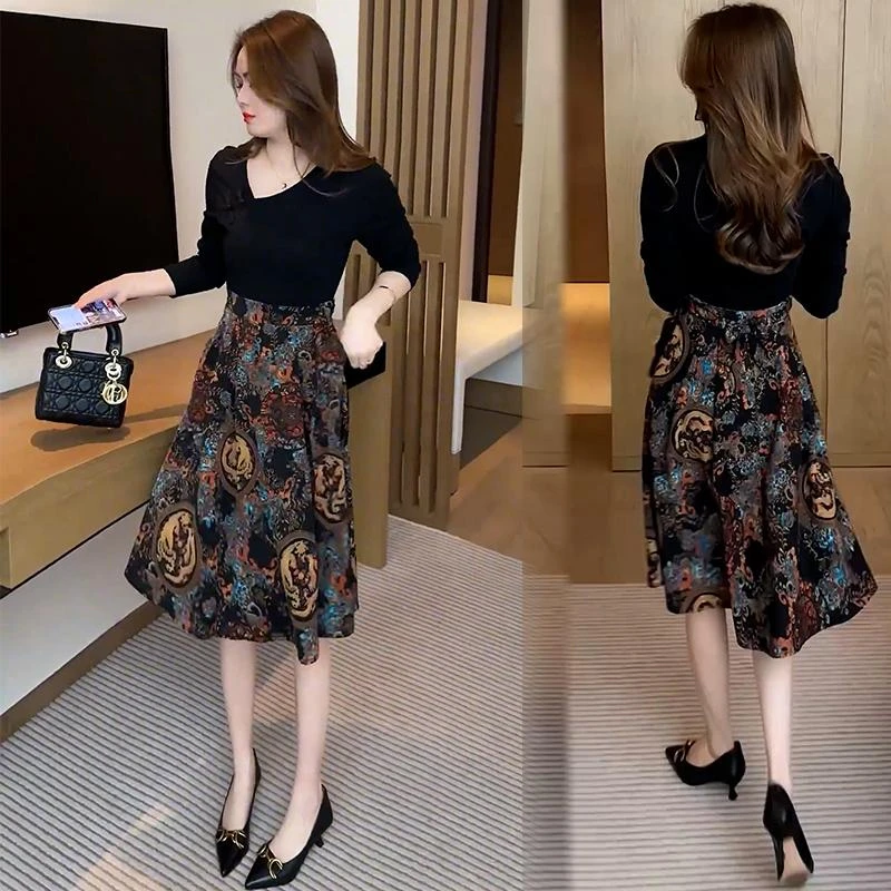 时尚连衣裙女2025新款春季洋气收腰显瘦假两件拼接中长款碎花裙子