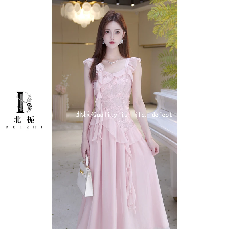 法式高级感荷叶边飘带裙子小飞袖小众连衣裙长款814781