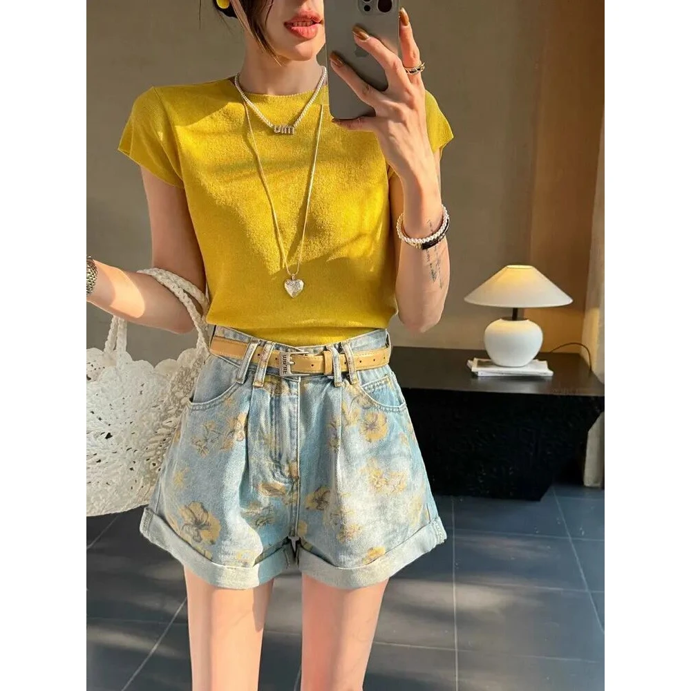设计感黄色花朵牛仔短裤女2025夏季小个子时尚辣妹高腰显瘦休闲裤