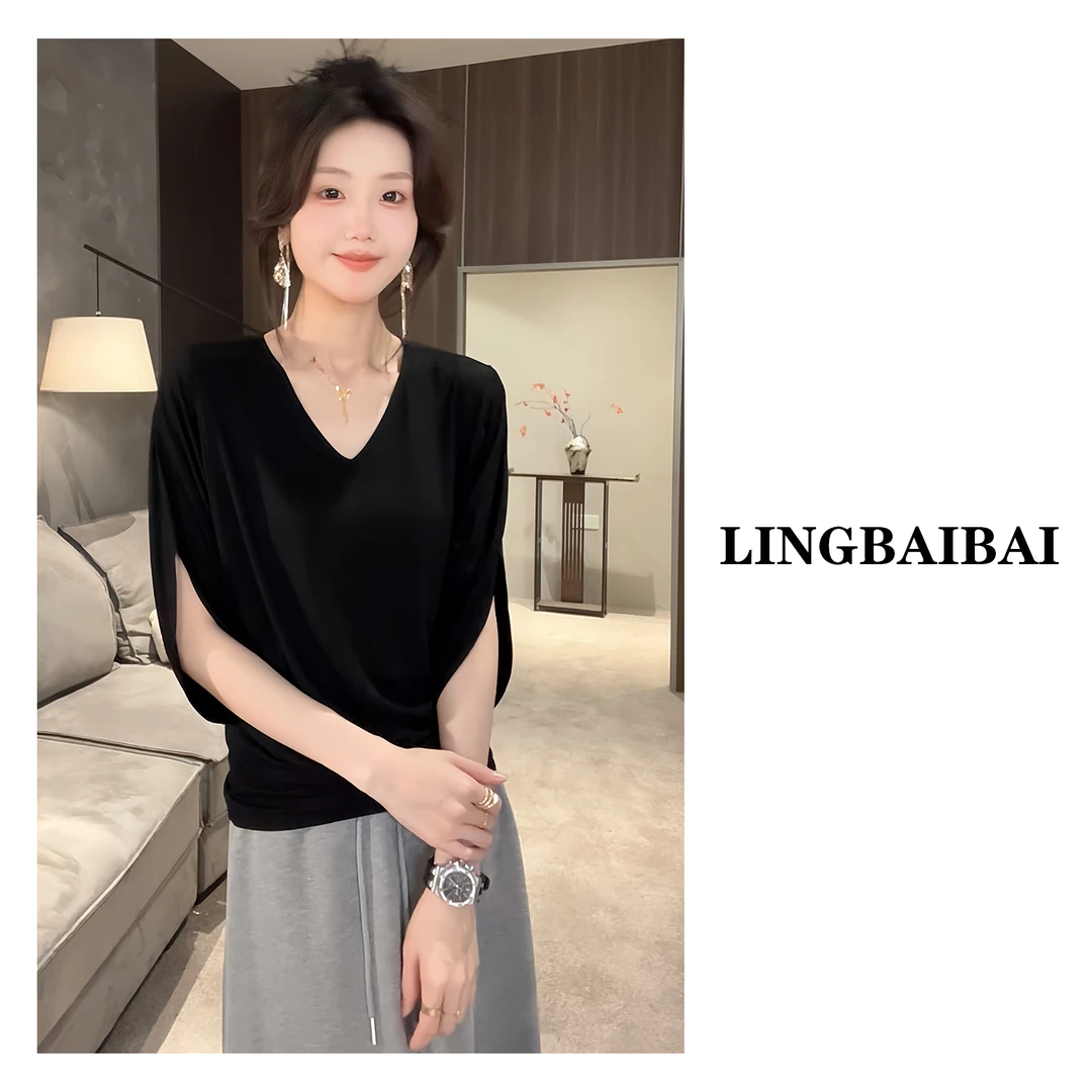 【蝙蝠袖V领】面膜感极简收腰垂感宽松袖子开叉夏季五分袖短袖T恤女