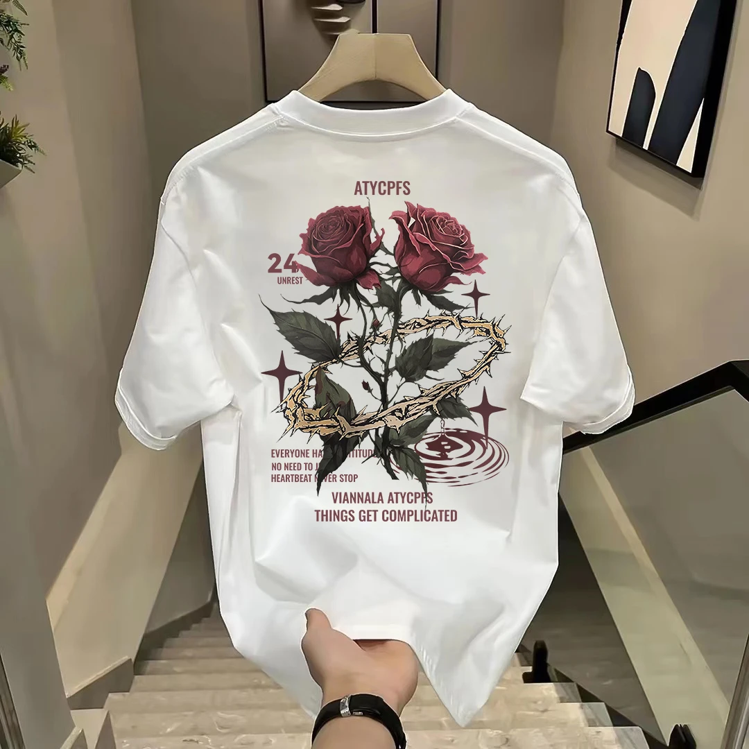 100%纯棉重磅优质短袖玫瑰复古轻奢潮牌T恤夏季新款男装宽松半袖i