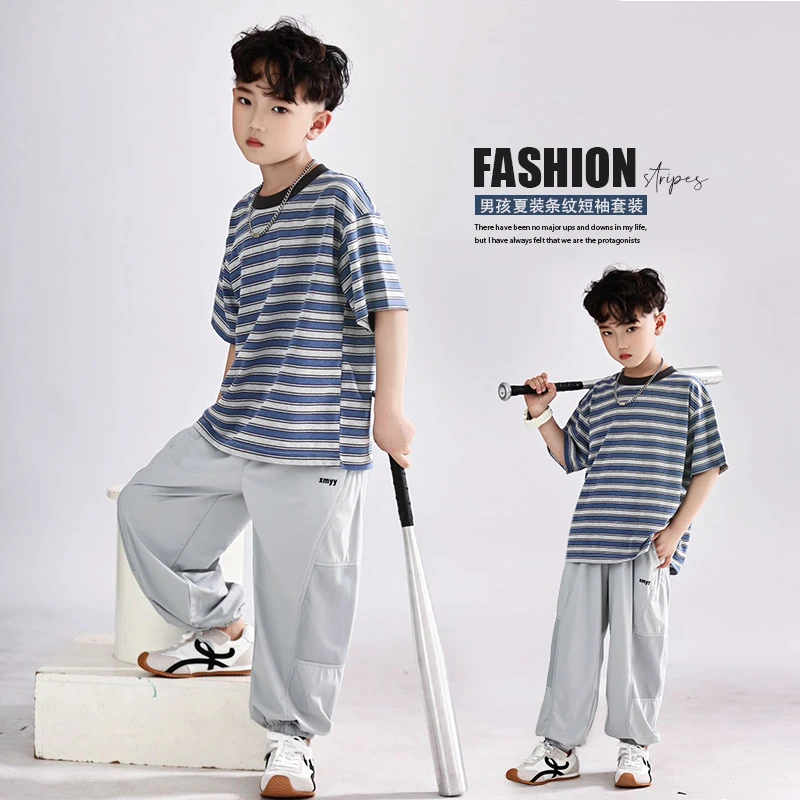 男童套装夏装2025新款儿童夏季短袖T恤两件套中大童条纹运动夏季