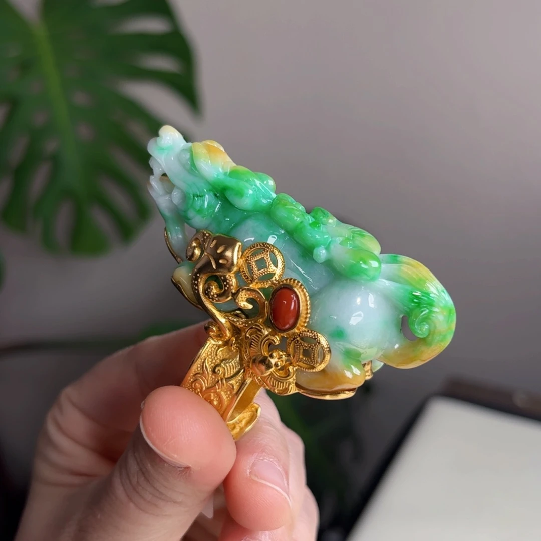 【闪购商品】翡翠戒指银S925镀金镶嵌 貔貅