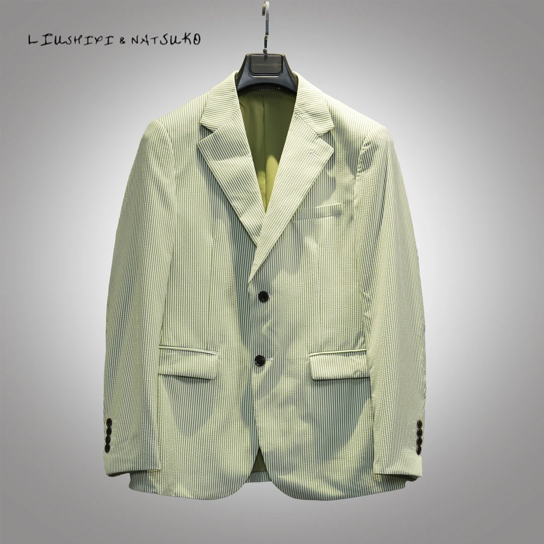 L&N高定设计师男士戗驳领时尚青绿色条纹单排扣西服外套