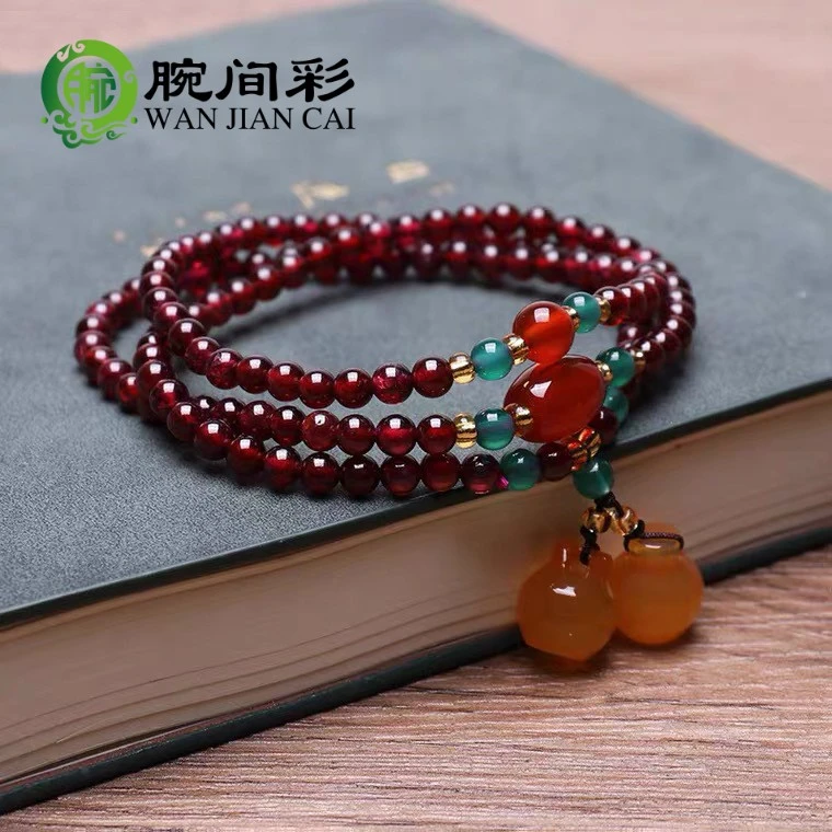 新中式天然三圈石榴石手串搭配玉髓苹果2804
