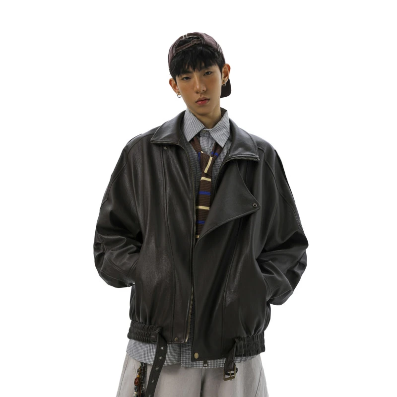 秋季简约高端双层领廓形设计百搭机车皮衣男士个性复古潮夹克外套