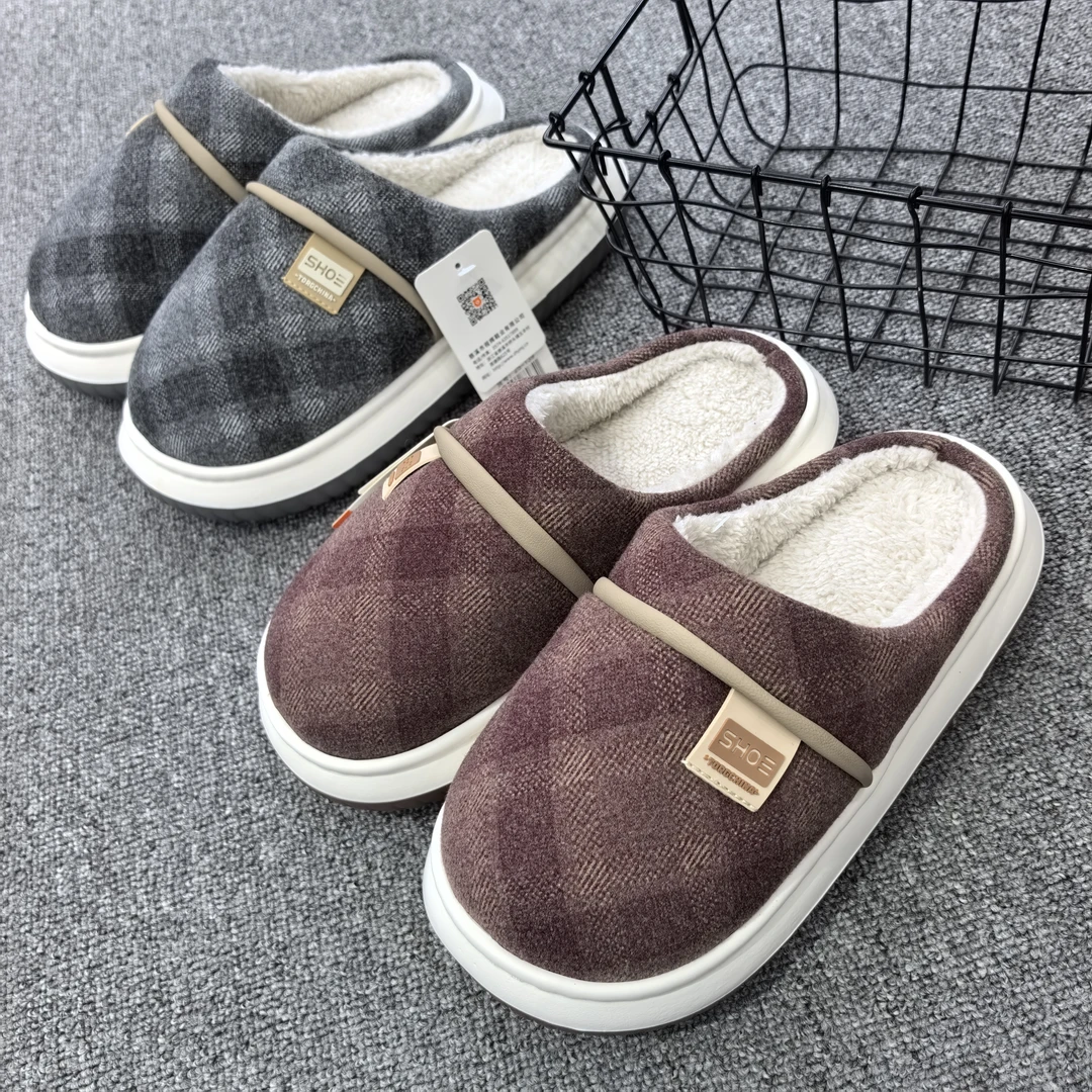 2025新款高端格子布双色底男女棉拖鞋防滑耐磨保暖舒适居家棉拖鞋