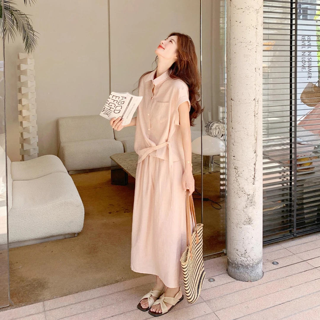 温柔风粉色衬衫半身裙套装女夏高级感松驰清冷感甜美可爱风格衣服