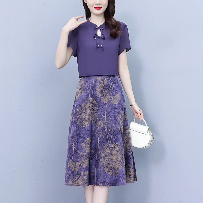 花连衣裙女新款气质高端时尚中妈妈洋气雪纺假两件