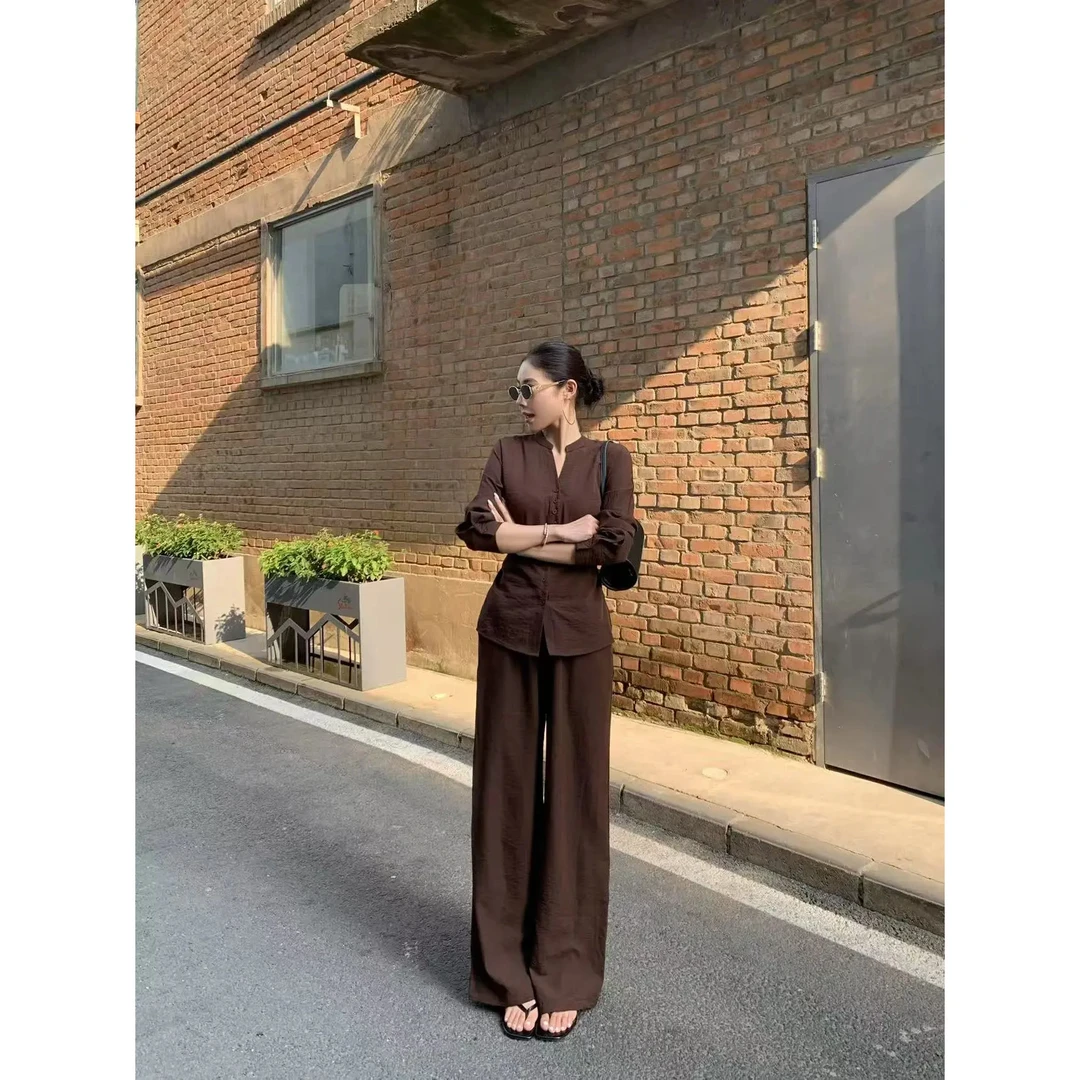 百搭老钱风女装复古气质小众长袖衬衣2025秋季显瘦修身休闲裤套装