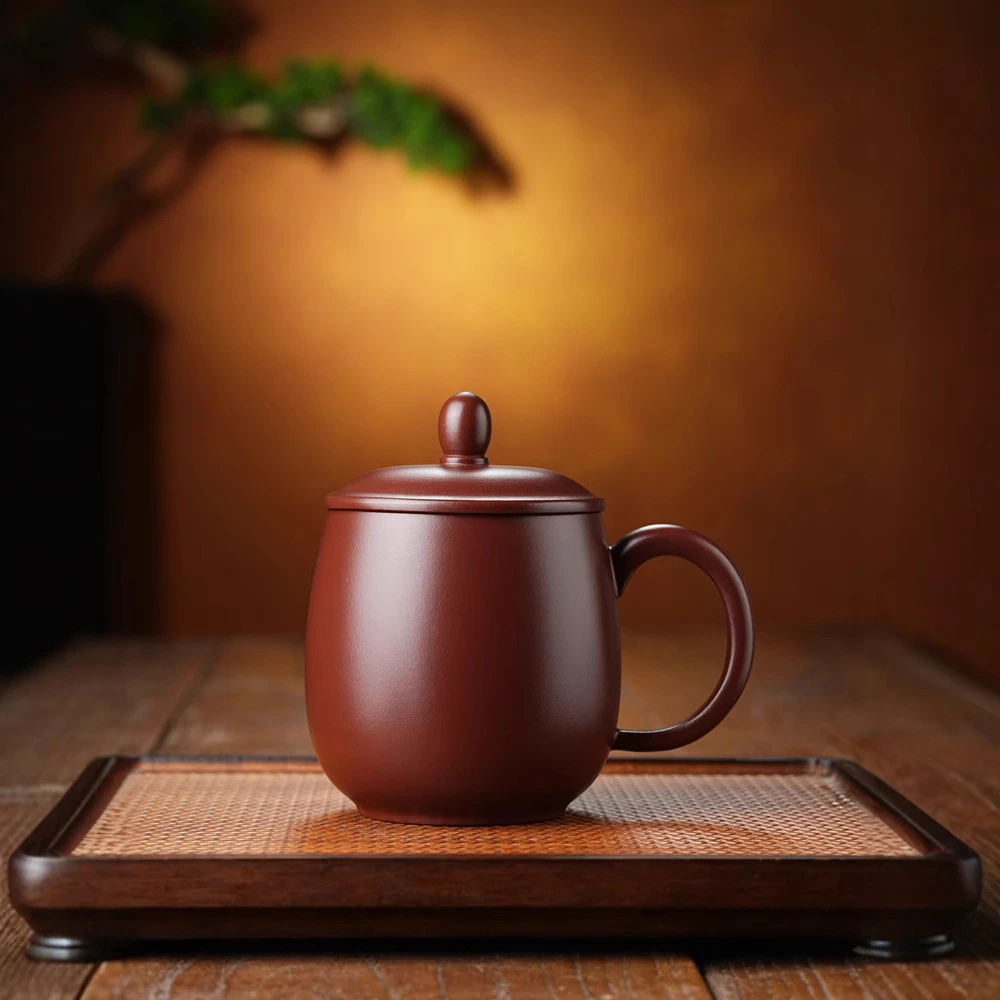 宜兴紫砂杯紫朱泥礼品原矿龙蛋腹圆泡茶办公室茶杯盖杯手把