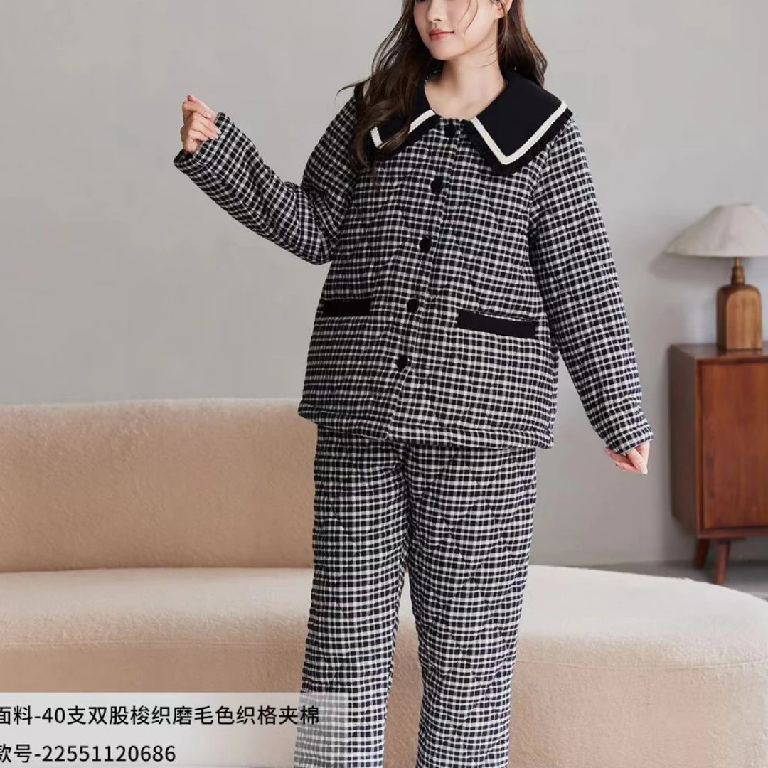 女士秋冬加厚加绒夹棉格子纯棉保暖家居睡衣