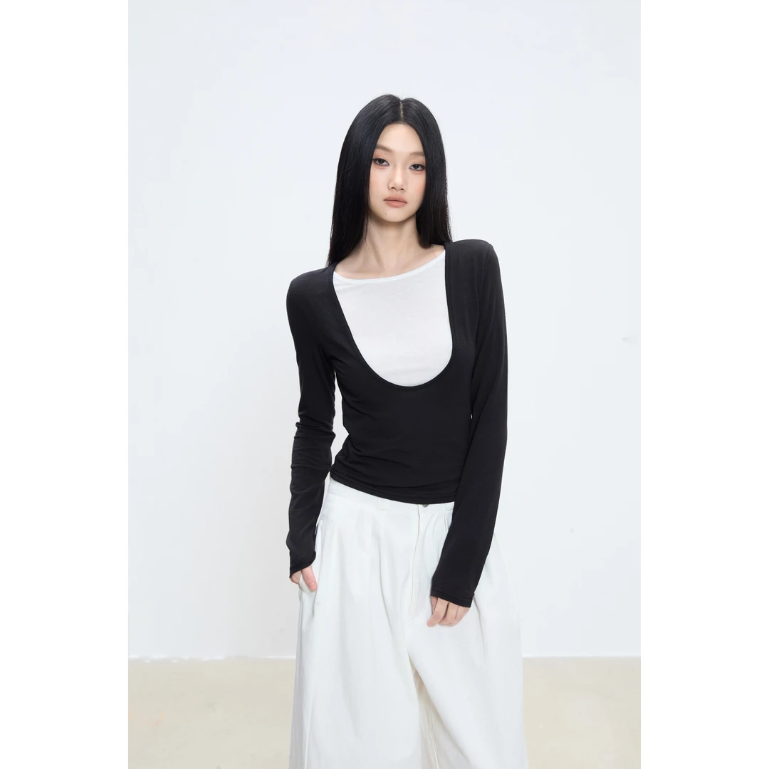 withmin凉皮 长袖女t恤秋季新款修身显瘦打底衫女内搭假两件上衣
