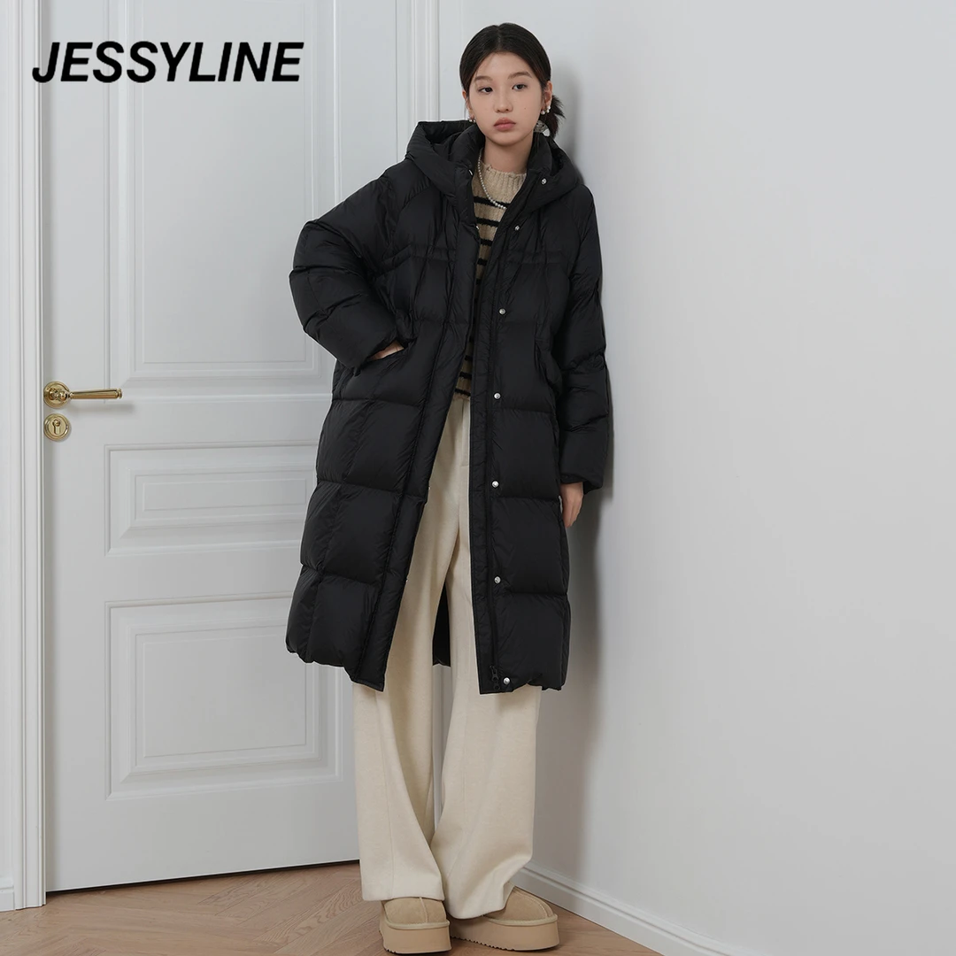 杰茜莱中长款连帽羽绒服女保暖户外过膝外套 jessyline冬季新款