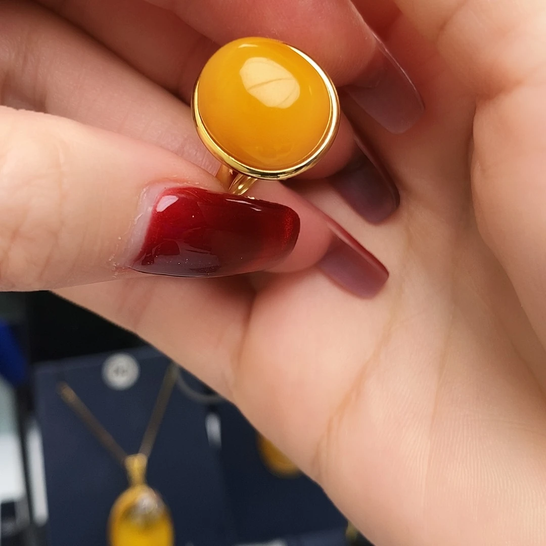 蜜蜡银S925镀金镶嵌戒指