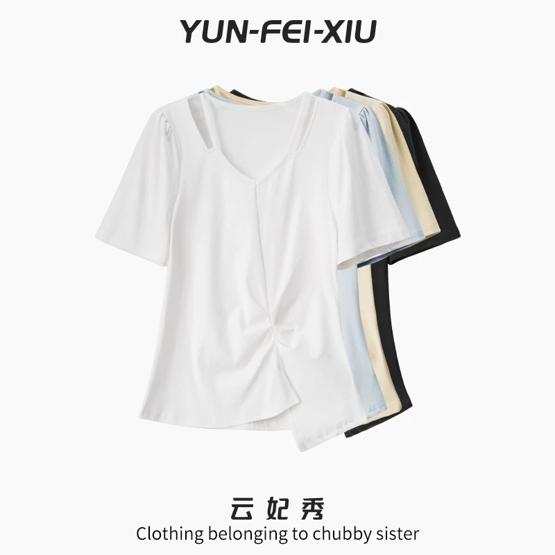 云妃秀大码女装T恤百搭时尚不规则正肩短袖上衣微胖显瘦夏季63988