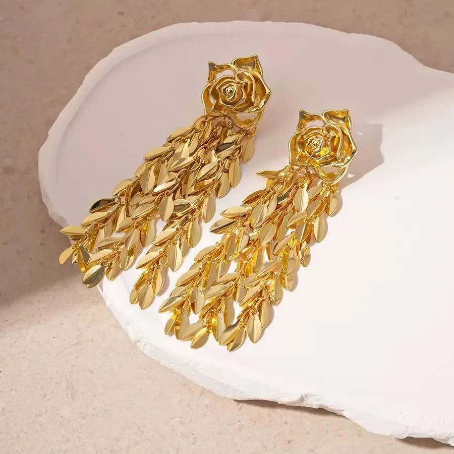 铜合金耳饰 【浪漫玫瑰】春季爆款花朵流苏时尚奢华女人味耳环E9043