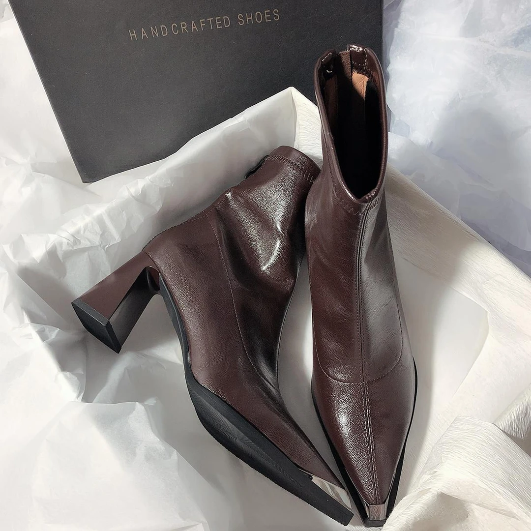 弥笛秋冬显瘦防撞尖头高跟弹力瘦瘦靴舒适后拉链优雅风真皮短靴