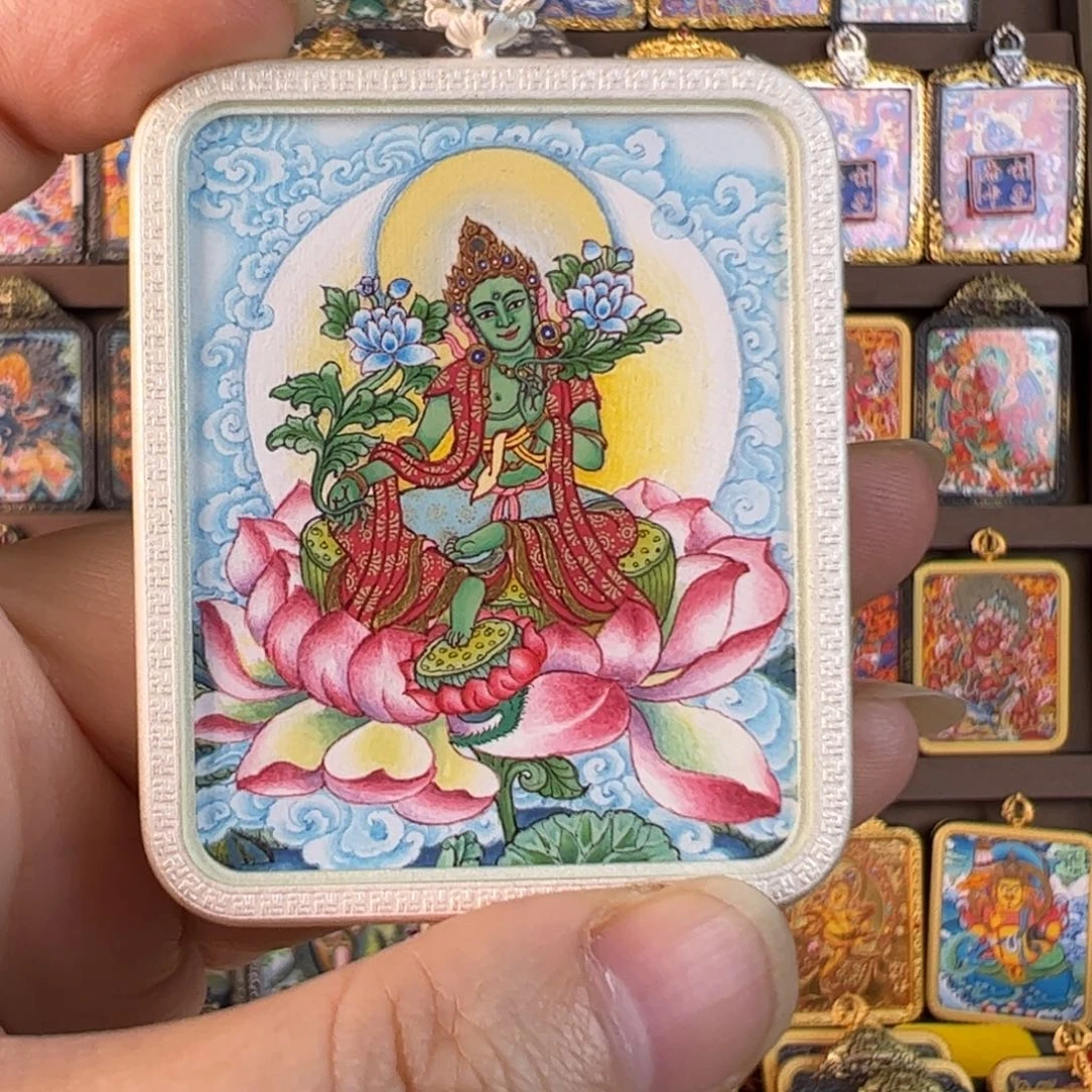 胖***爱吊坠绿度母唐卡绘画作品
