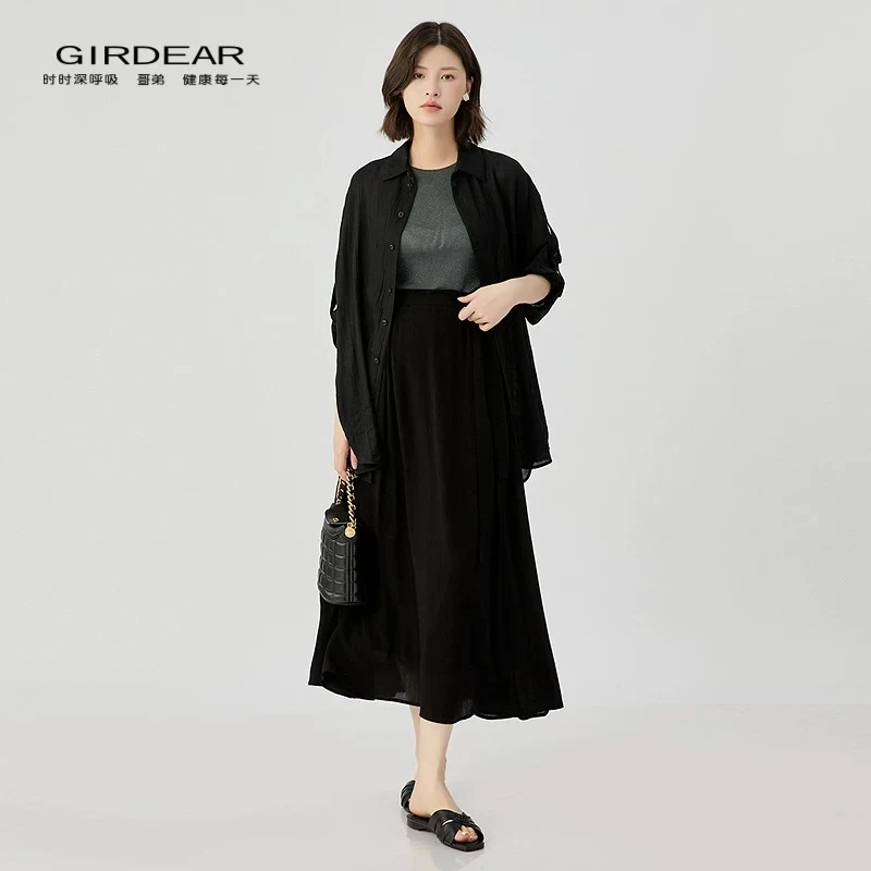 GIRDEAR/哥弟品质女装经典百搭舒适高腰百褶长裙轻扬马面裙120037