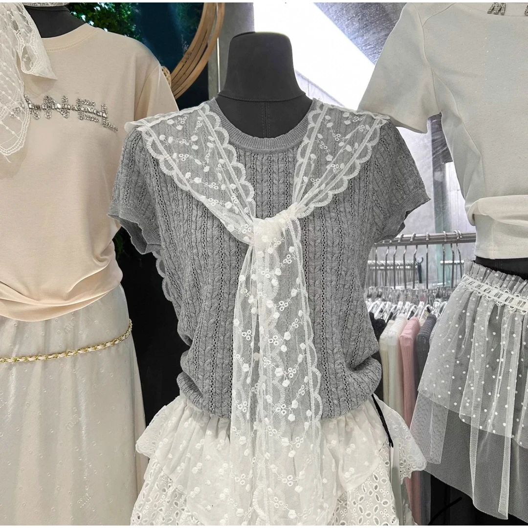 2025春季新款蕾丝披肩+修身显瘦软糯舒适休闲短袖针织衫两件套