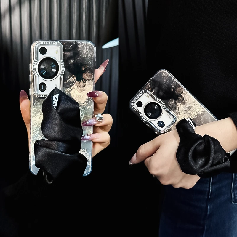 适用华为p60手机壳新款p60pro套huawei锡纸纹水墨晕染ins腕带女款