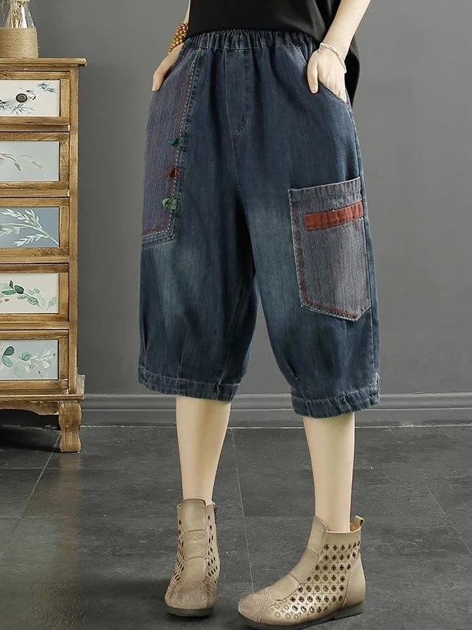 复古贴布牛仔裤短裤牛仔六分夏季宽松新款大码刺绣中裤薄款哈伦裤