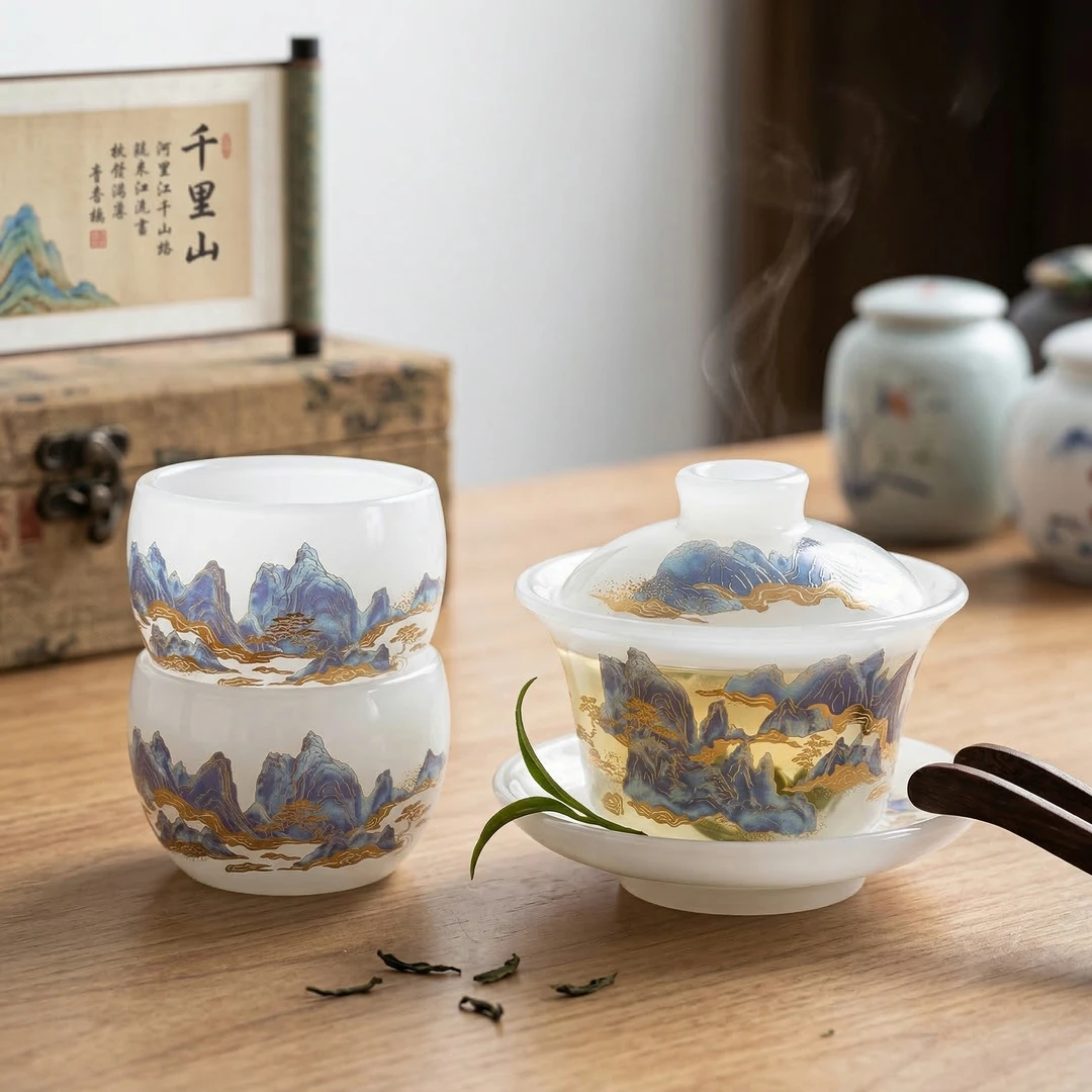 精美千里江山琉璃泡茶高端茶具一盖碗两杯茶具1455