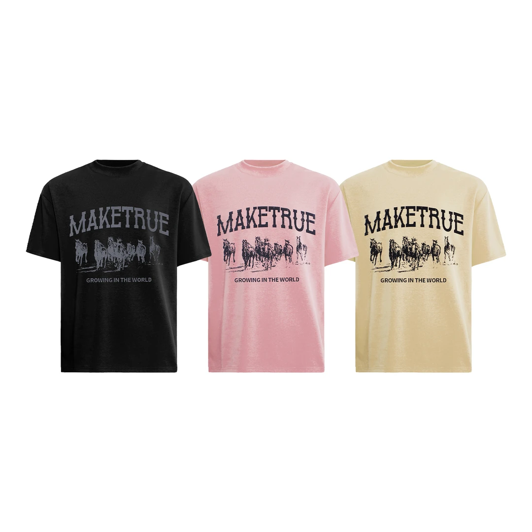 H163 美式野马印花液态棉质感短袖男 夏季复古高街简约宽松五分袖