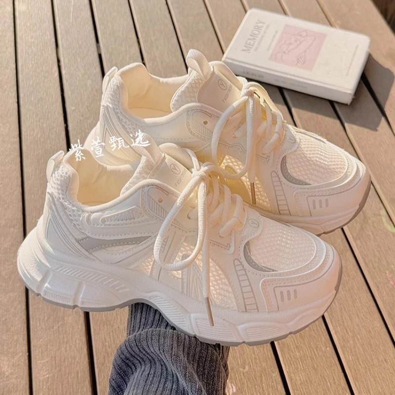 厚底老爹鞋女2025新款夏季透气网面小白鞋休闲运动超火鞋子不累脚