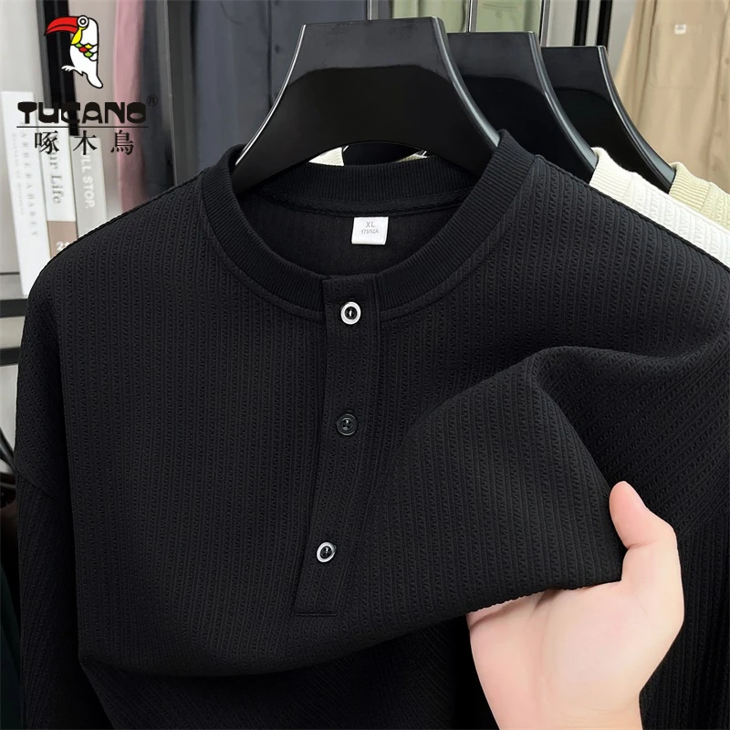 啄木鸟男士长袖t恤2025春秋新款宽松休闲圆领上衣简约套头打底衫