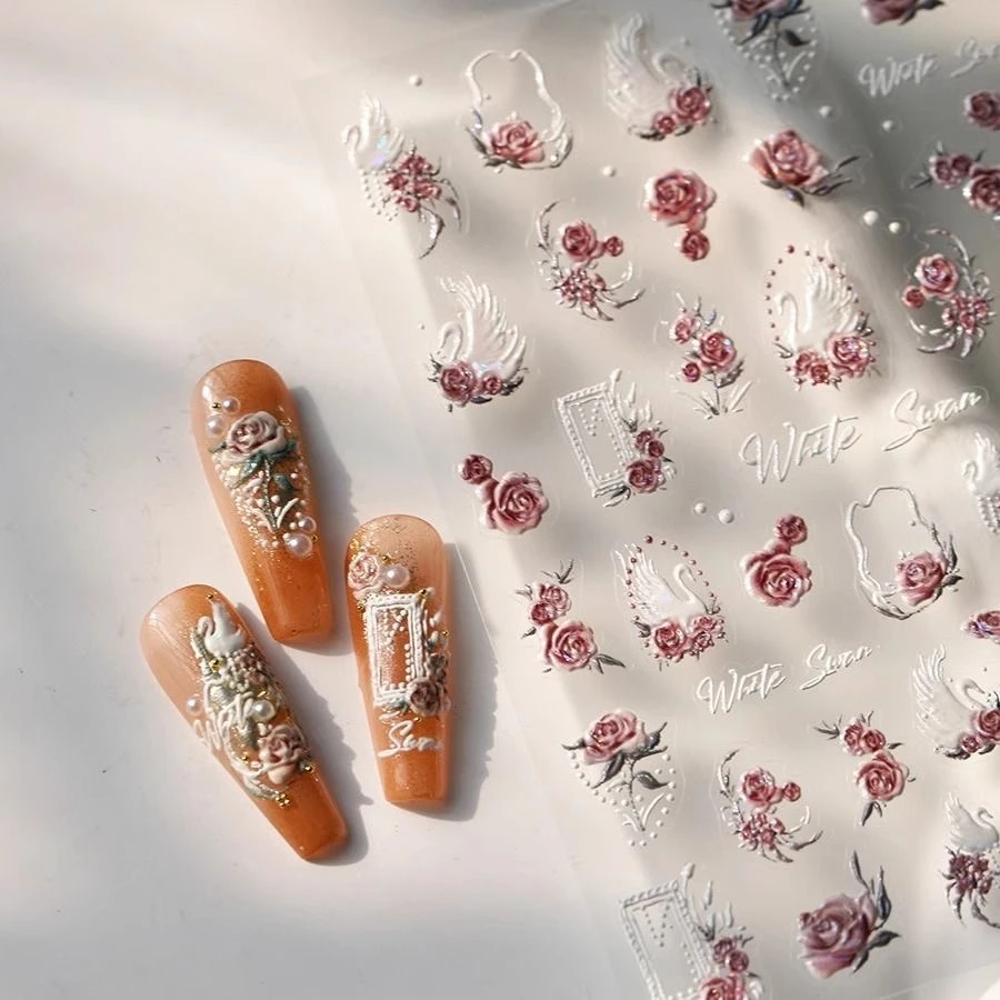 轻奢白色可爱花朵浮雕立体美甲贴纸装饰指甲电脑手机壳iPad贴画