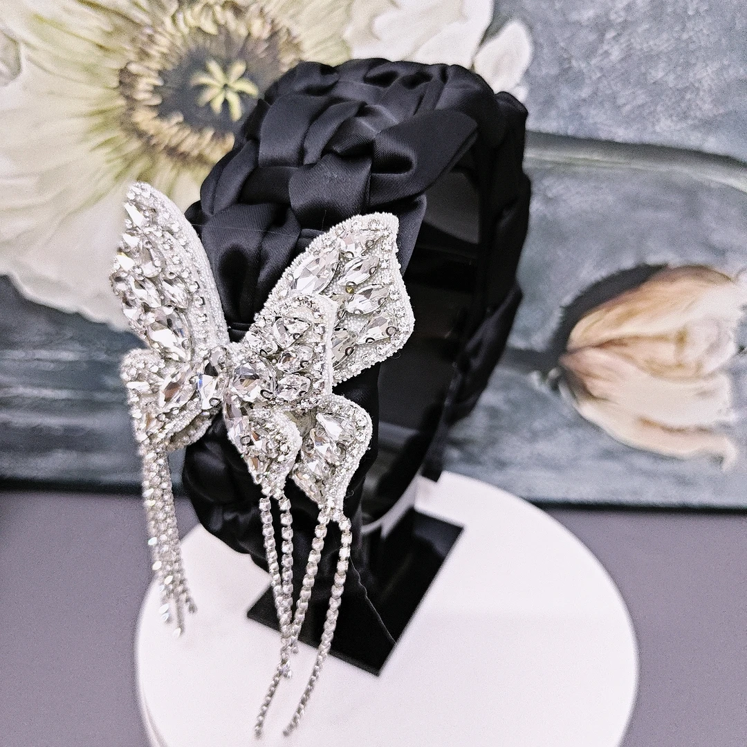 轻奢高级感水钻韩版蝴蝶发箍头箍头饰时尚白色气质百搭手工发卡