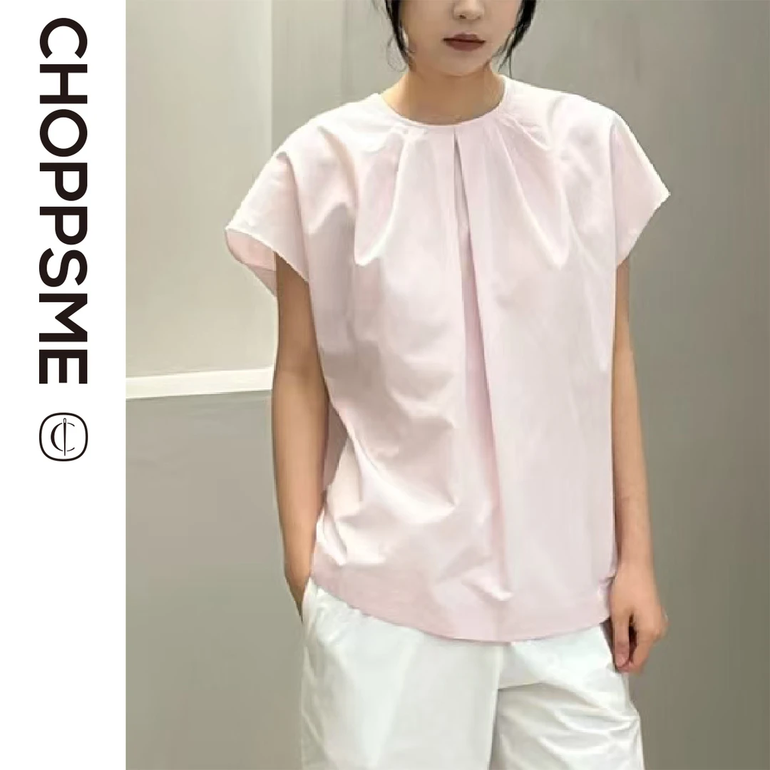 巧珀思｜18811清新 圆领捏褶 套头落肩无袖 衬衫上衣 法国袖罩衫