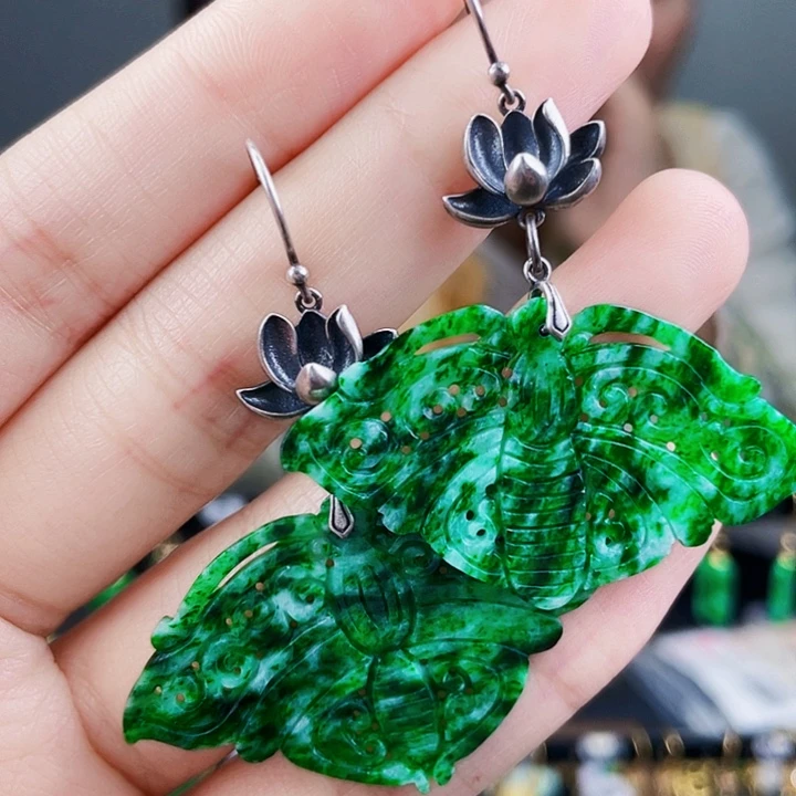 翡翠耳饰银S925镶嵌饰品