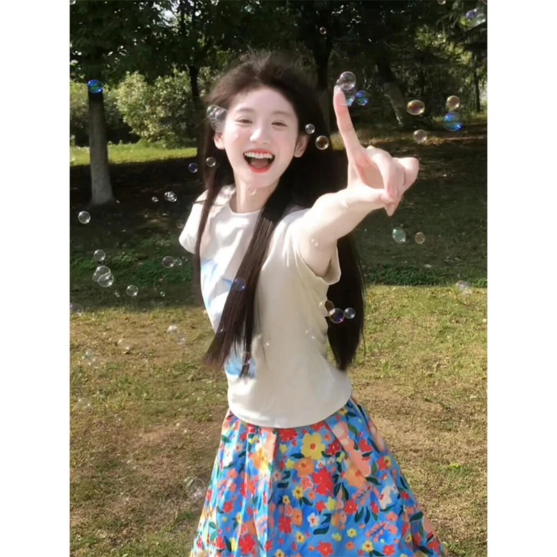 夏季甜美风正肩蓝花印花短袖T恤女时尚穿搭百搭休闲半身裙子套装
