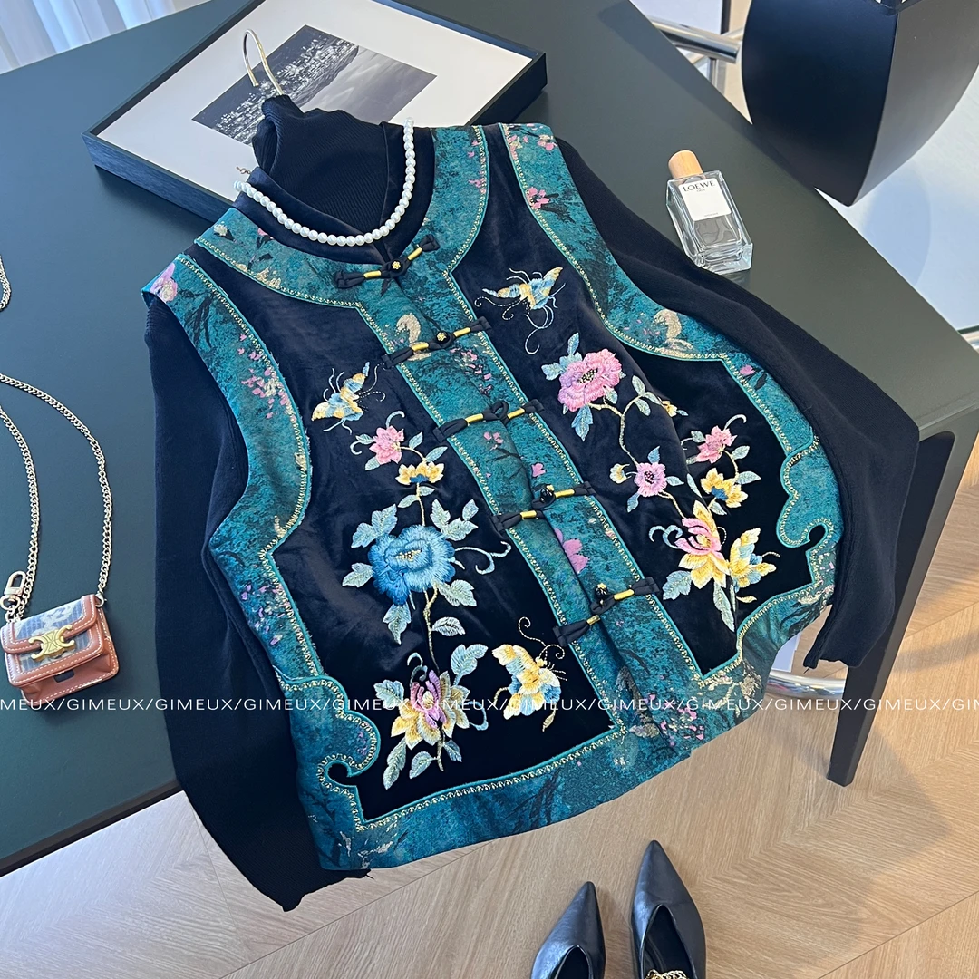 新中式国风刺绣外搭撞色马甲女轻奢复古民族风背心毛衣高级感套装