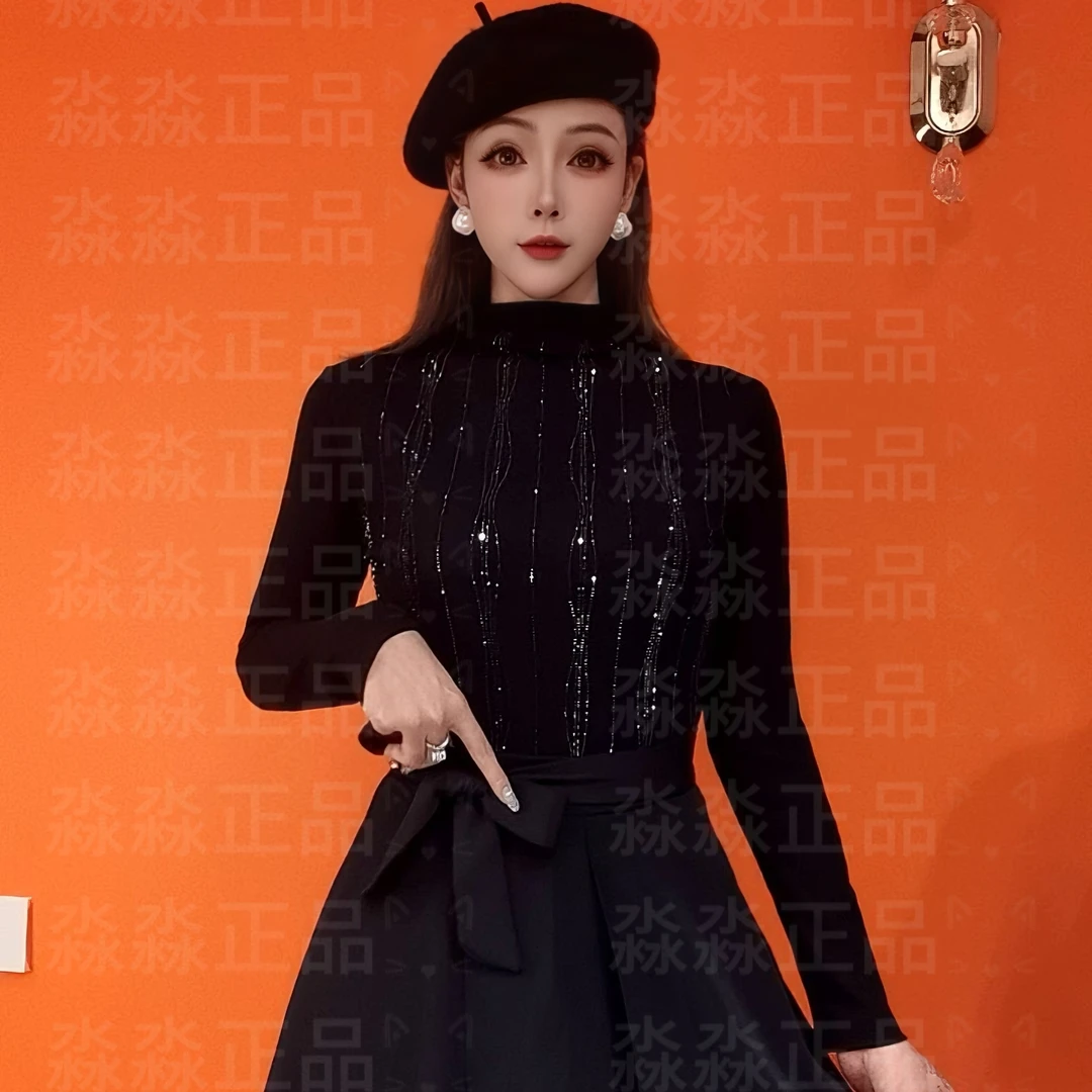 秋冬黑色修身显瘦长袖抗皱烫钻半高领T恤重工气质百搭设计师打底