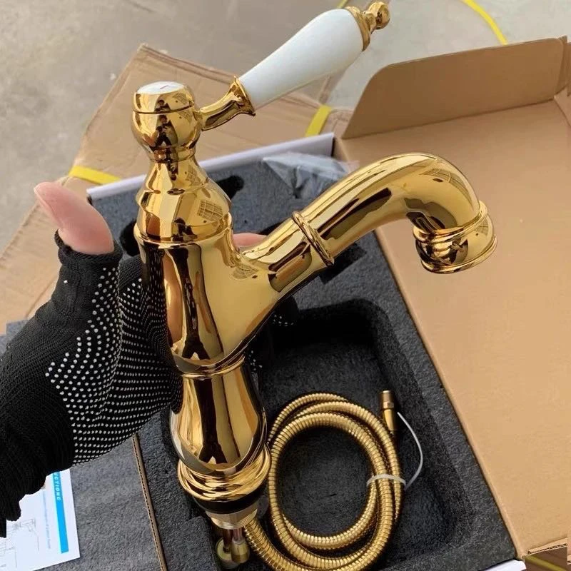 法式复古抽拉式全铜面盆洗手龙头冷热两用金色把手冷热水头水龙头