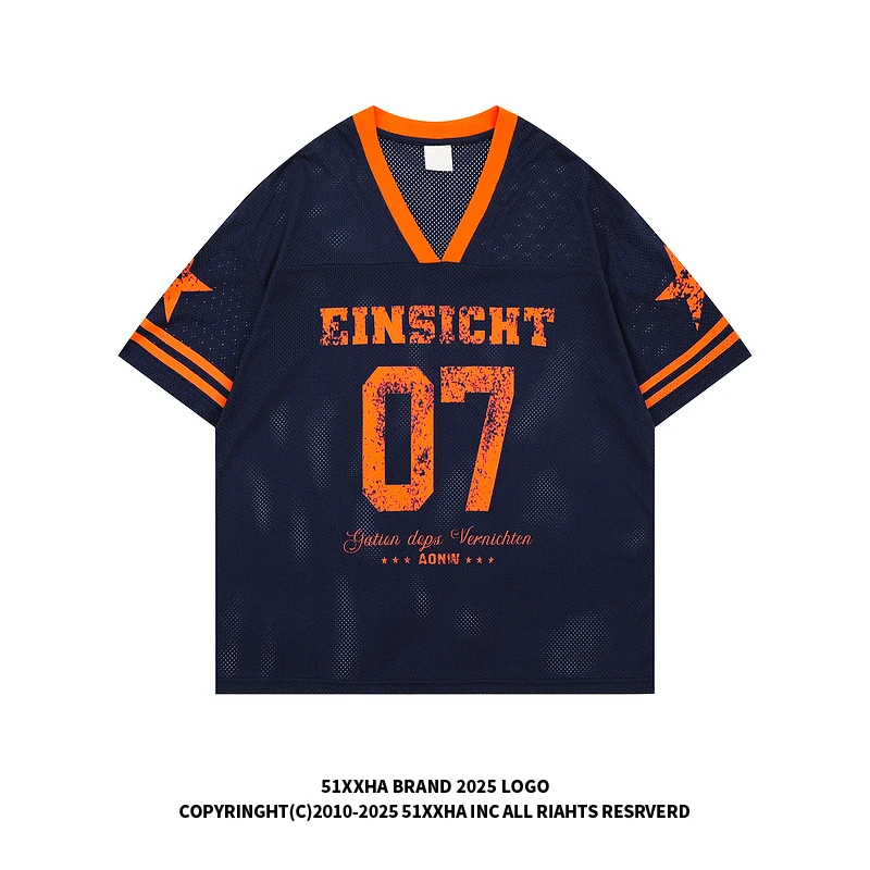 51嘻哈美式街头复古V领7号球衣短袖夏季透气网眼篮球运动T恤男女