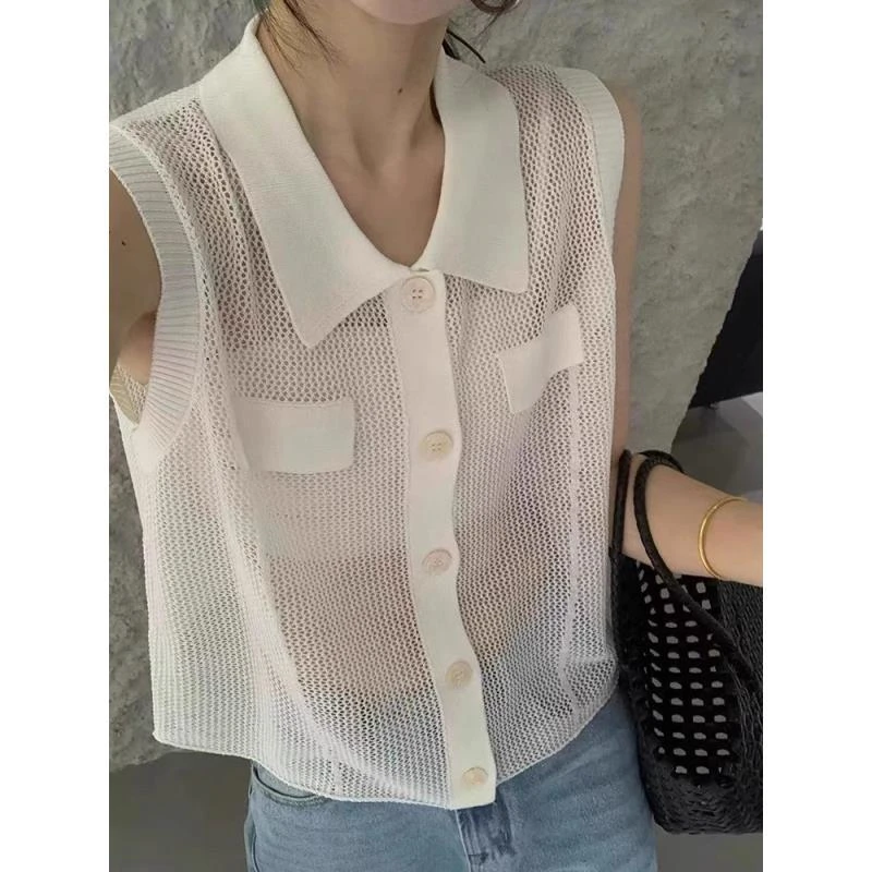 新新定制-Polo领无袖镂空针织衫女夏薄款透气针织开衫258618