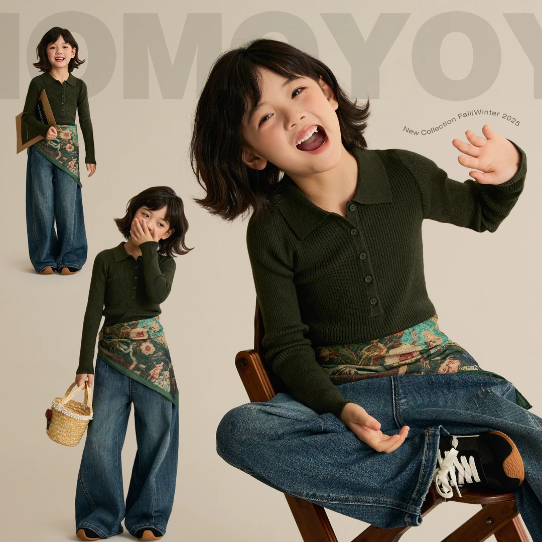 辰辰妈【基础调性】女童秋装polo领排扣显瘦亲子装针织上衣8675D