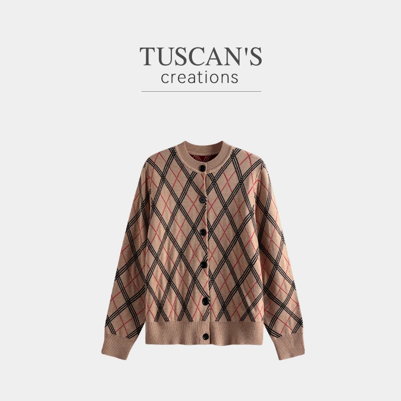 TUSCAN'S CREATIONS经典格纹流光风宽松开衫女毛针织衫