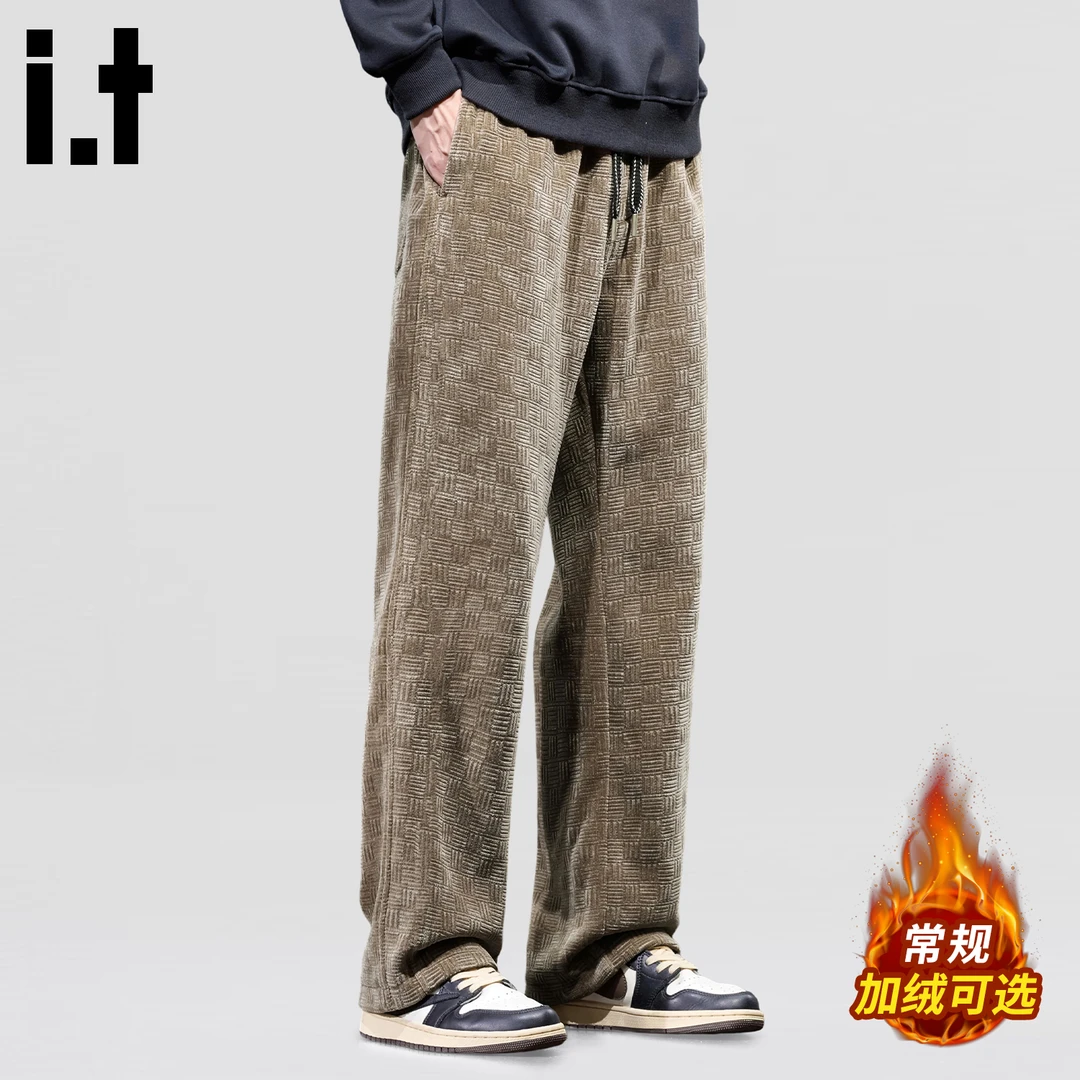 it :CHOCOOLATE提花设计感直筒裤男冬季博奥绒保暖宽松复古休闲裤