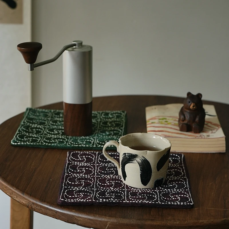 钟声刺绣 手工缝制 原创设计茶席 方形风车隔热垫置物垫 茶道零配