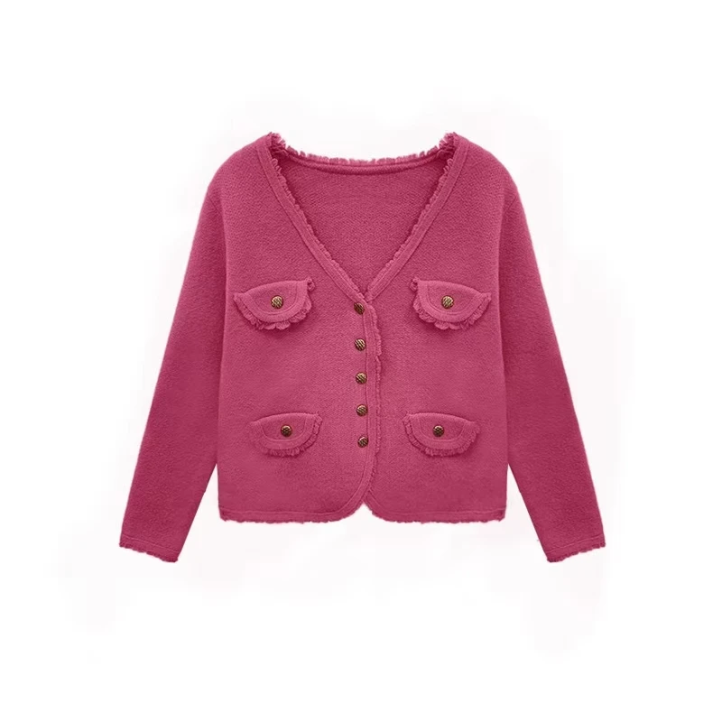 玫红色小香风V领开衫冬季气质保暖百搭毛衣