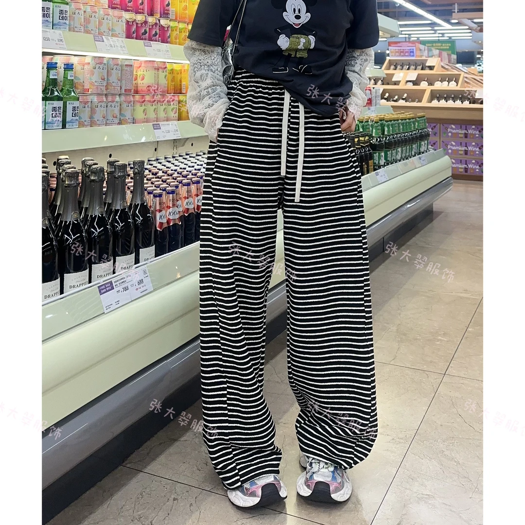 新款条纹松紧腰阔腿裤女高腰显瘦休闲裤