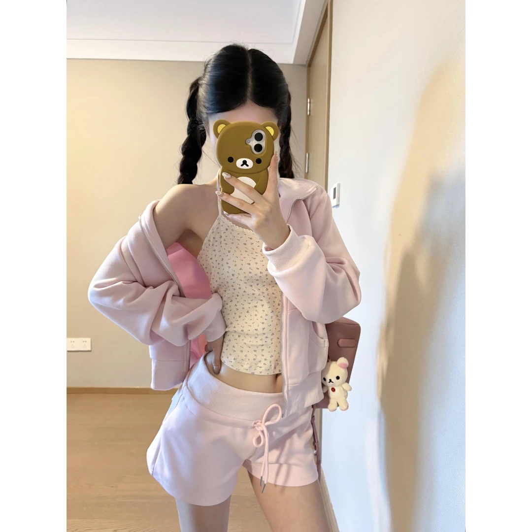 韩版嫩粉色连帽卫衣休闲睡衣女秋季新款显瘦短裤家居服套装可外穿