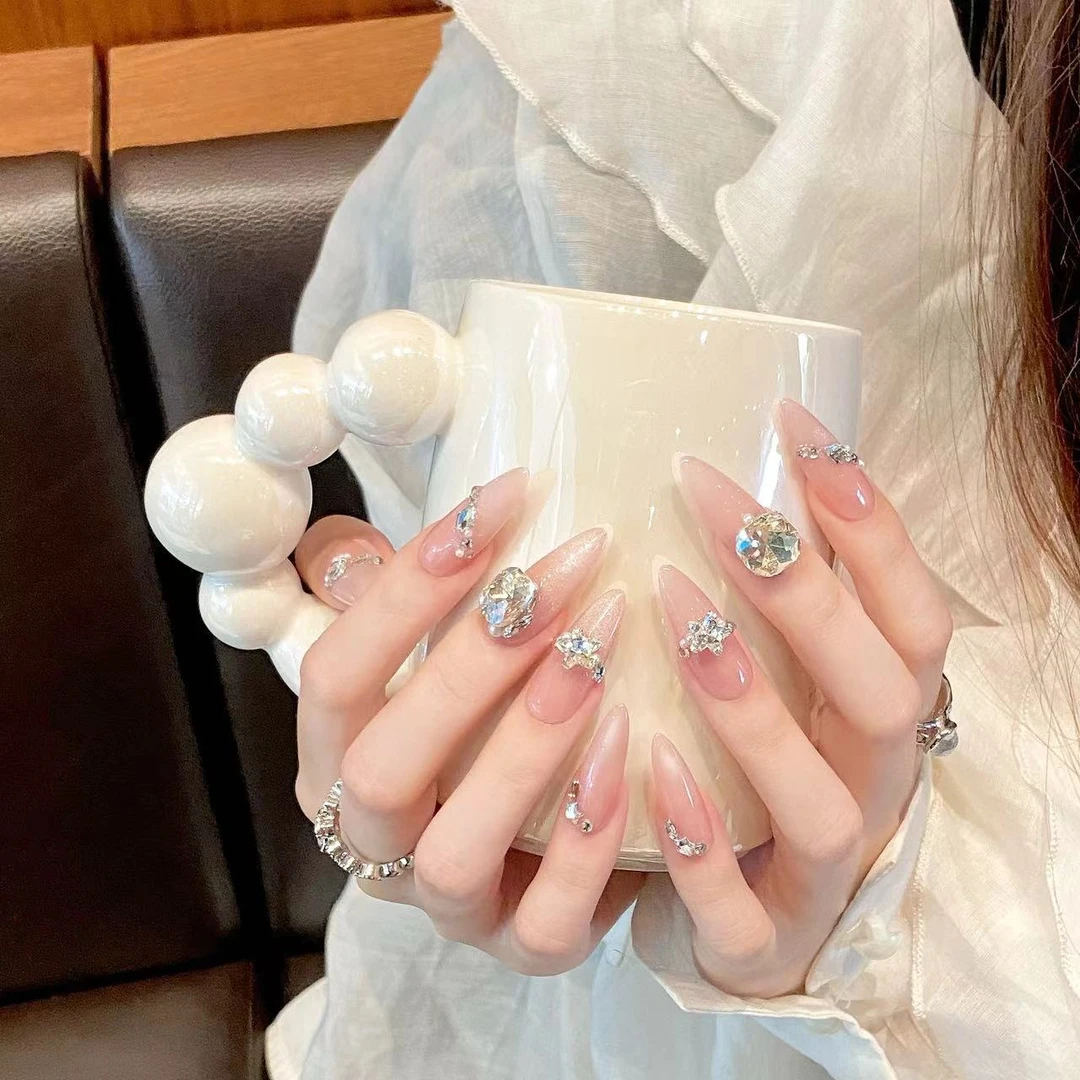 紫蓝碎银千禧系列酷飒辣妹亮片猫眼穿戴甲短款少女心手工美