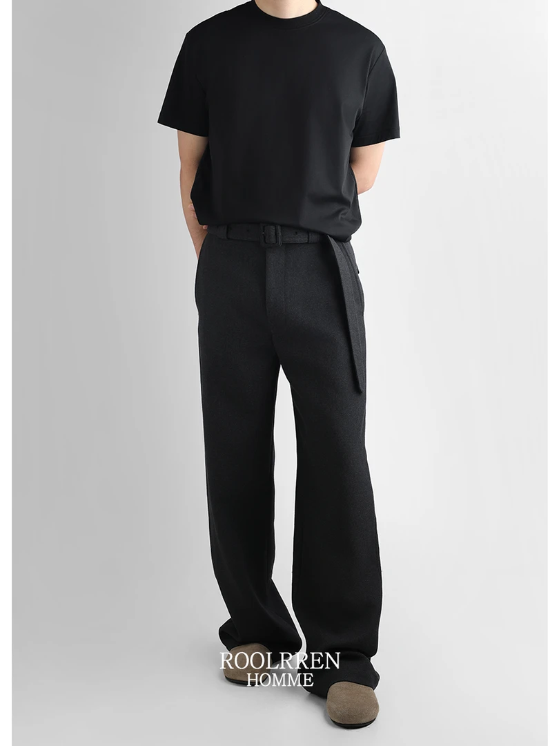 ROOLRREN24FW加厚羊毛混纺可拆卸腰带直筒宽松廓形高级感休闲西裤